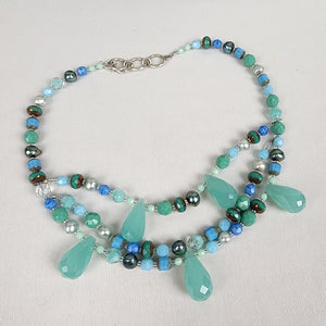 Natural Stone Faceted Glass Teal Beaded Teardrop Necklace