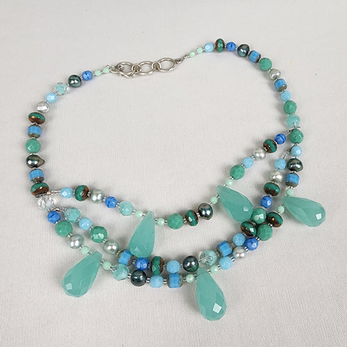 Natural Stone Faceted Glass Teal Beaded Teardrop Necklace