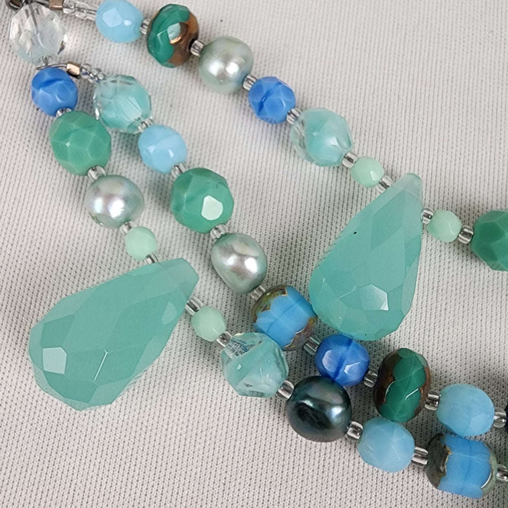 Natural Stone Faceted Glass Teal Beaded Teardrop Necklace