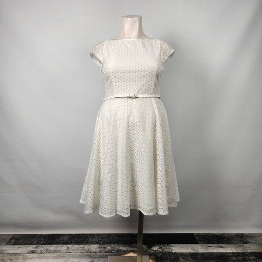 Evan-Picone White Lace Fit & Flare Belted Dress Size 16