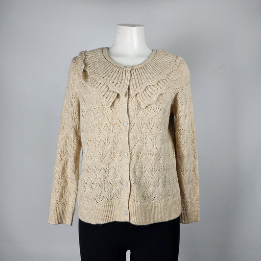 Cleo Cream Knit Ruffle Collar Button Up Cardigan Size L