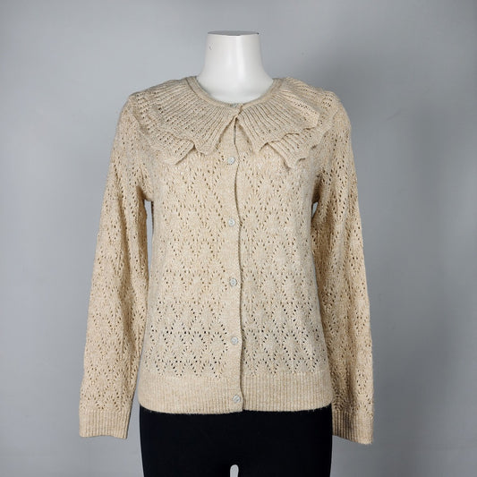 Cleo Cream Knit Ruffle Collar Button Up Cardigan Size S