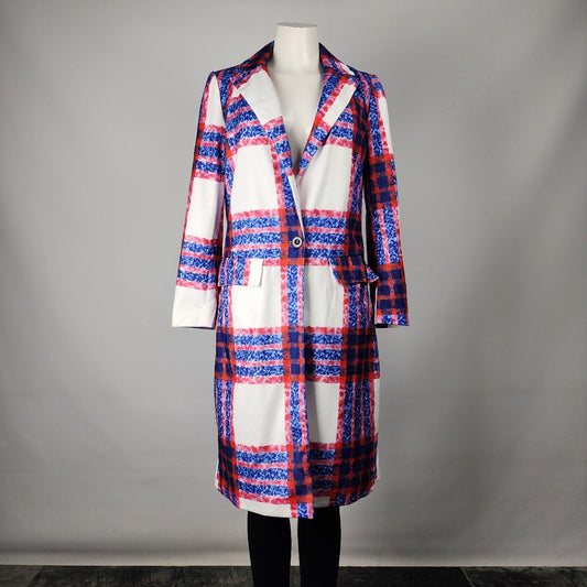 Order Plus White Blue & Red Plaid One Button Pea Coat Size S