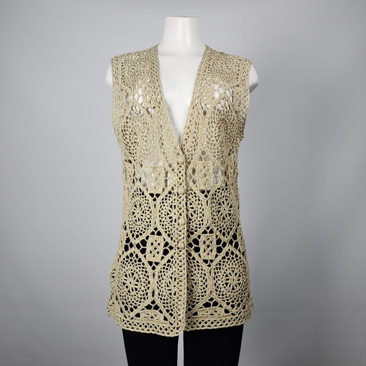 Vintage Magnolia Taupe Gold Crochet Button Up Vest Size S