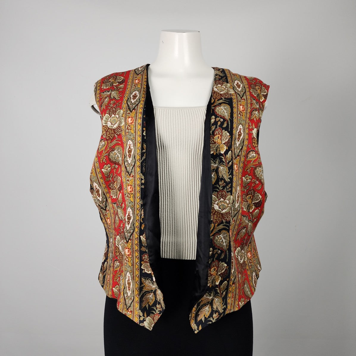 Vintage Black & Red Satin Floral Pattern Print Vest Size L