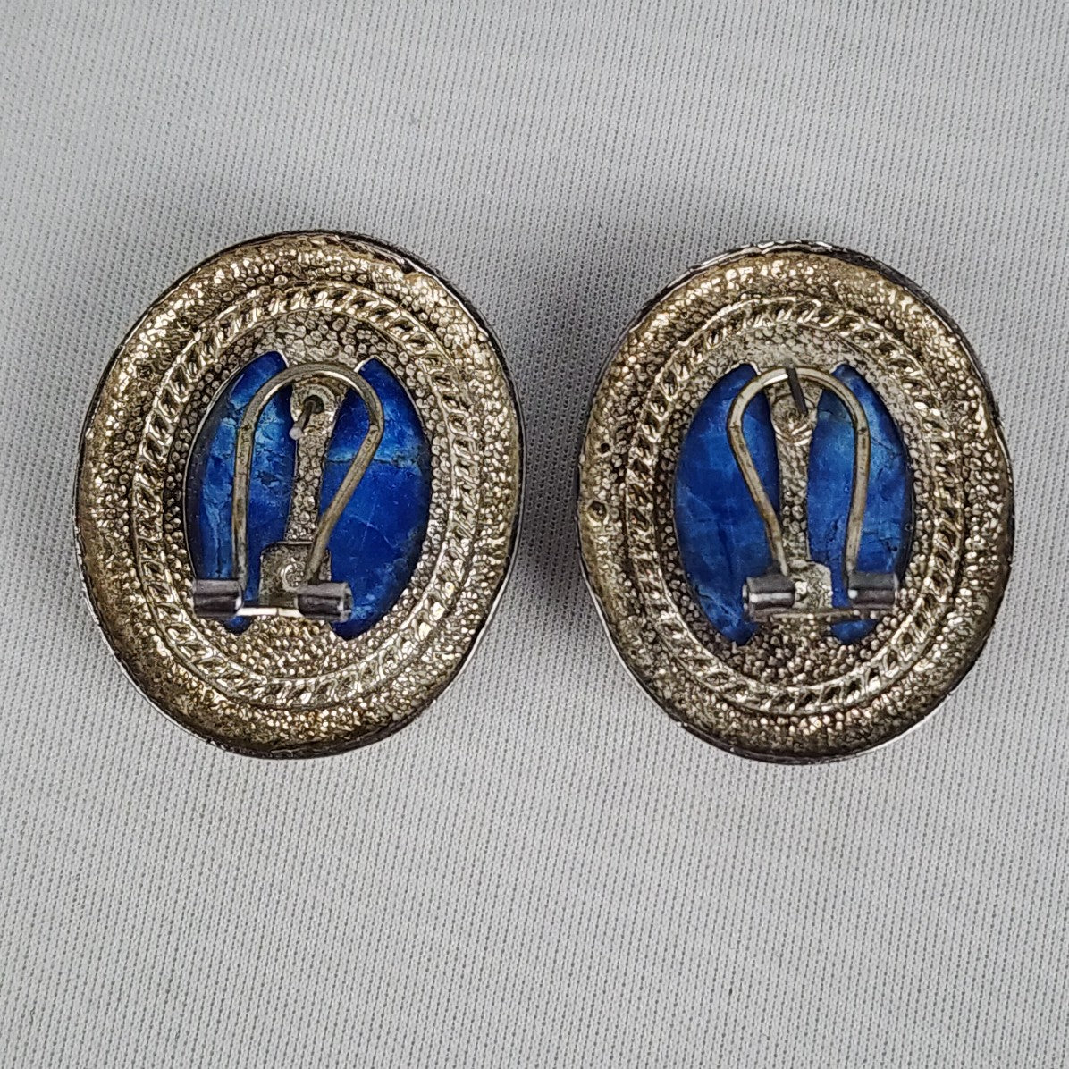 Vintage Silver & Blue Natural Stone Oval Earrings