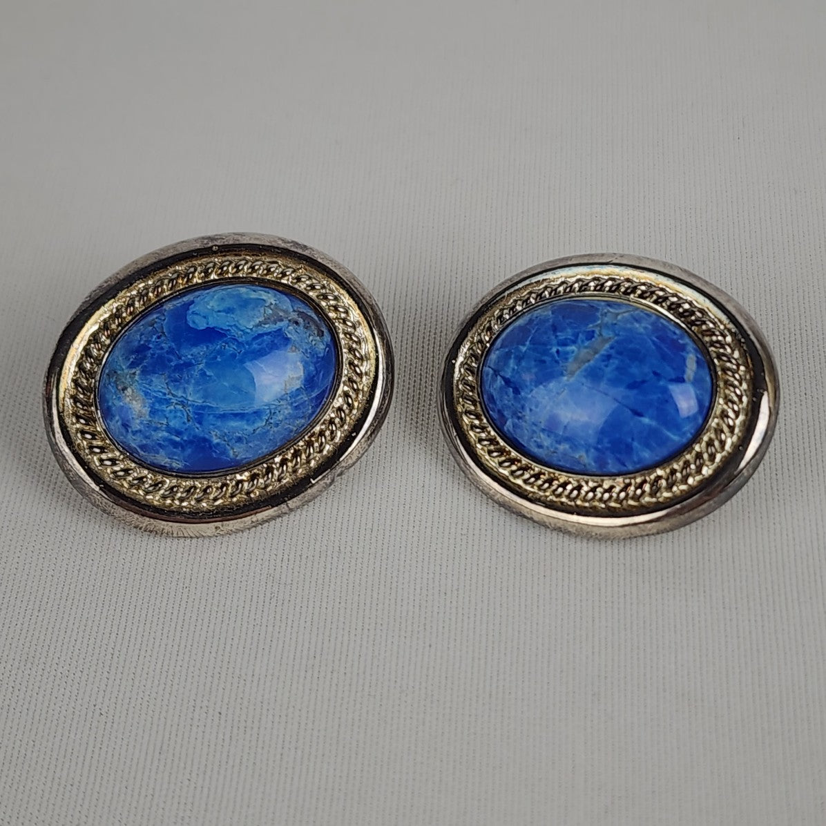 Vintage Silver & Blue Natural Stone Oval Earrings