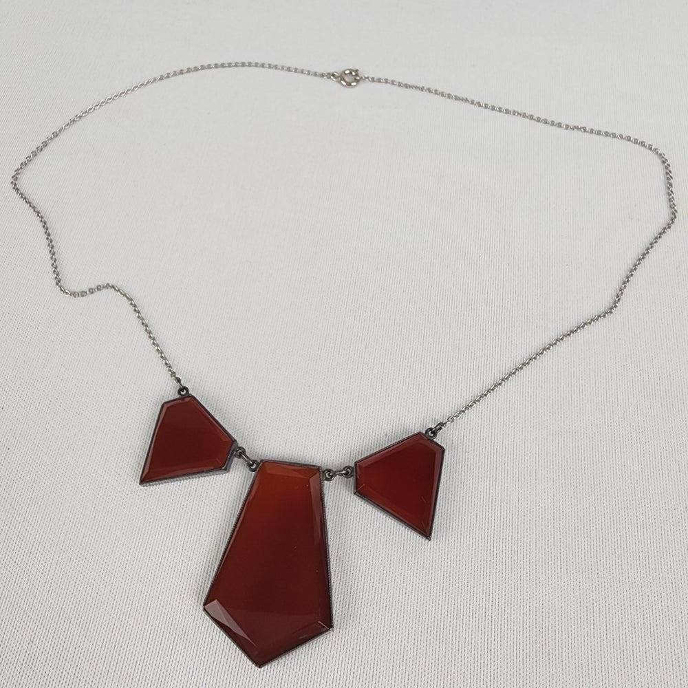Vintage Silver Tone Red Glass Geometric Shape Necklace