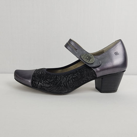 Dorking Grey & Black Leather Mary Jane Heeled Shoes Size 6.5