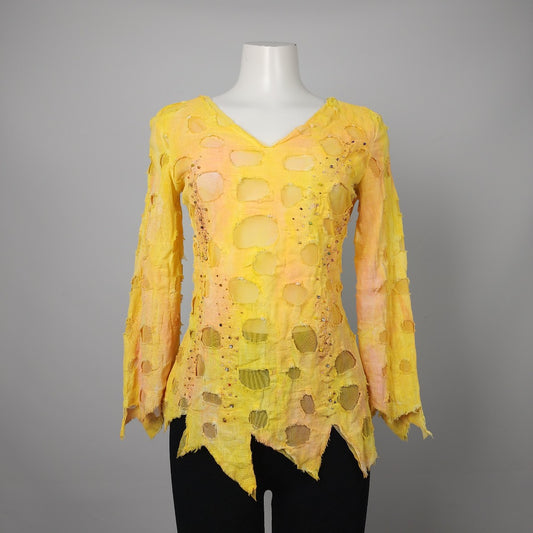 Vintage Senber Yellow Cotton Blend Long Sleeve Sheer Top Size S