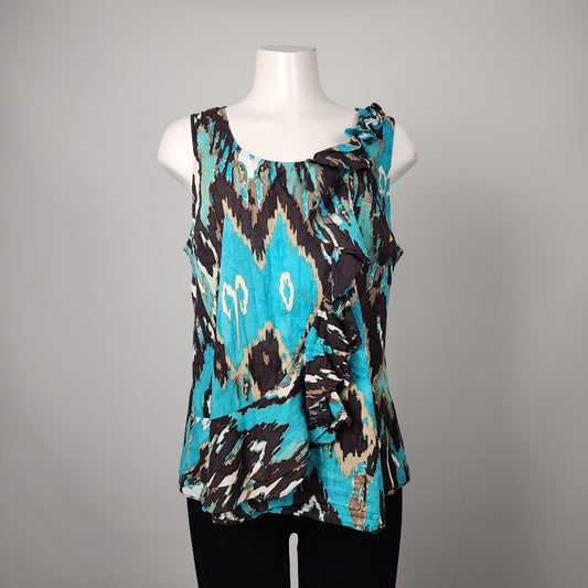 Signature by Larry Levine Blue & Brown Cotton Ruffle Sleeveless Top Size XL