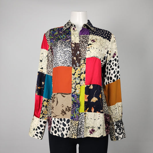 Vintage Debbie Shuchat Silk Patchwork Button Up Blouse  Top Size S