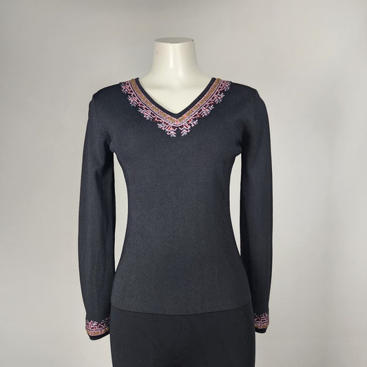 Michelle Nicole Black Rib Knit Pink Floral Embroidered Long Sleeve Top Size S