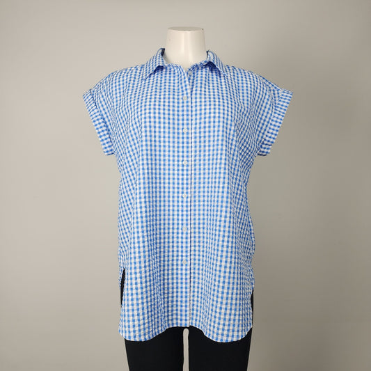Loft Blue Cotton Checkered Button Up Short Sleeve Top Size M