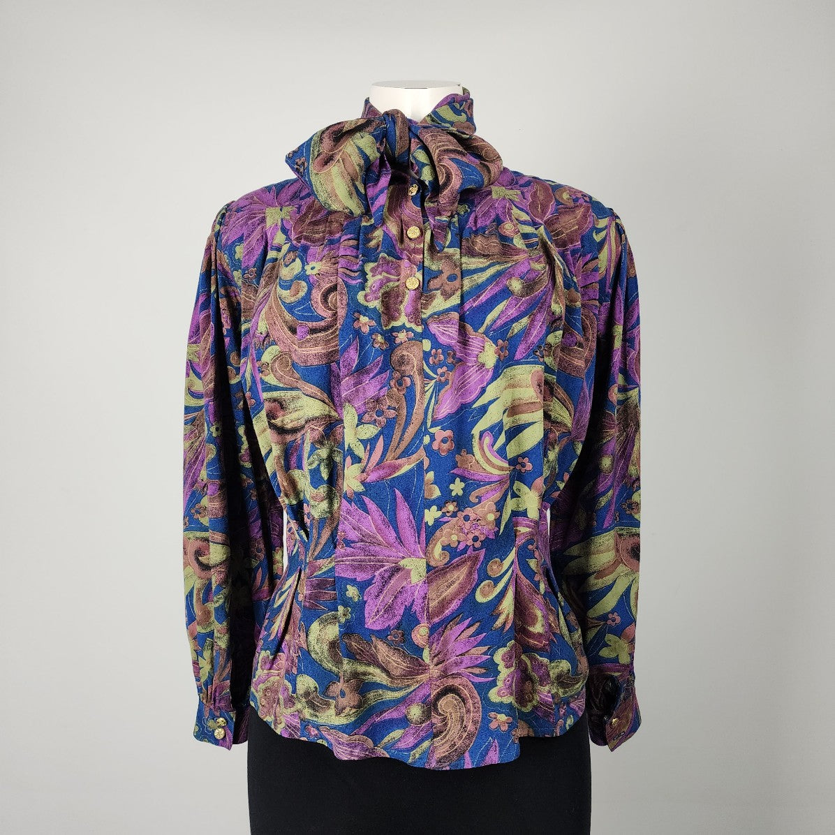 Vintage Blue Floral Neck Tie Long Sleeves Blouse Top Size S