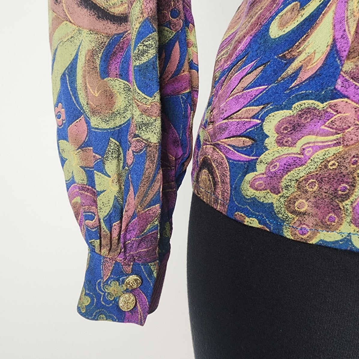 Vintage Blue Floral Neck Tie Long Sleeves Blouse Top Size S