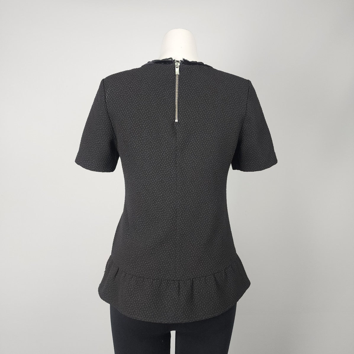 Maison Scotch Black Textured Short Sleeve Ruffle Bottom Top Size 10