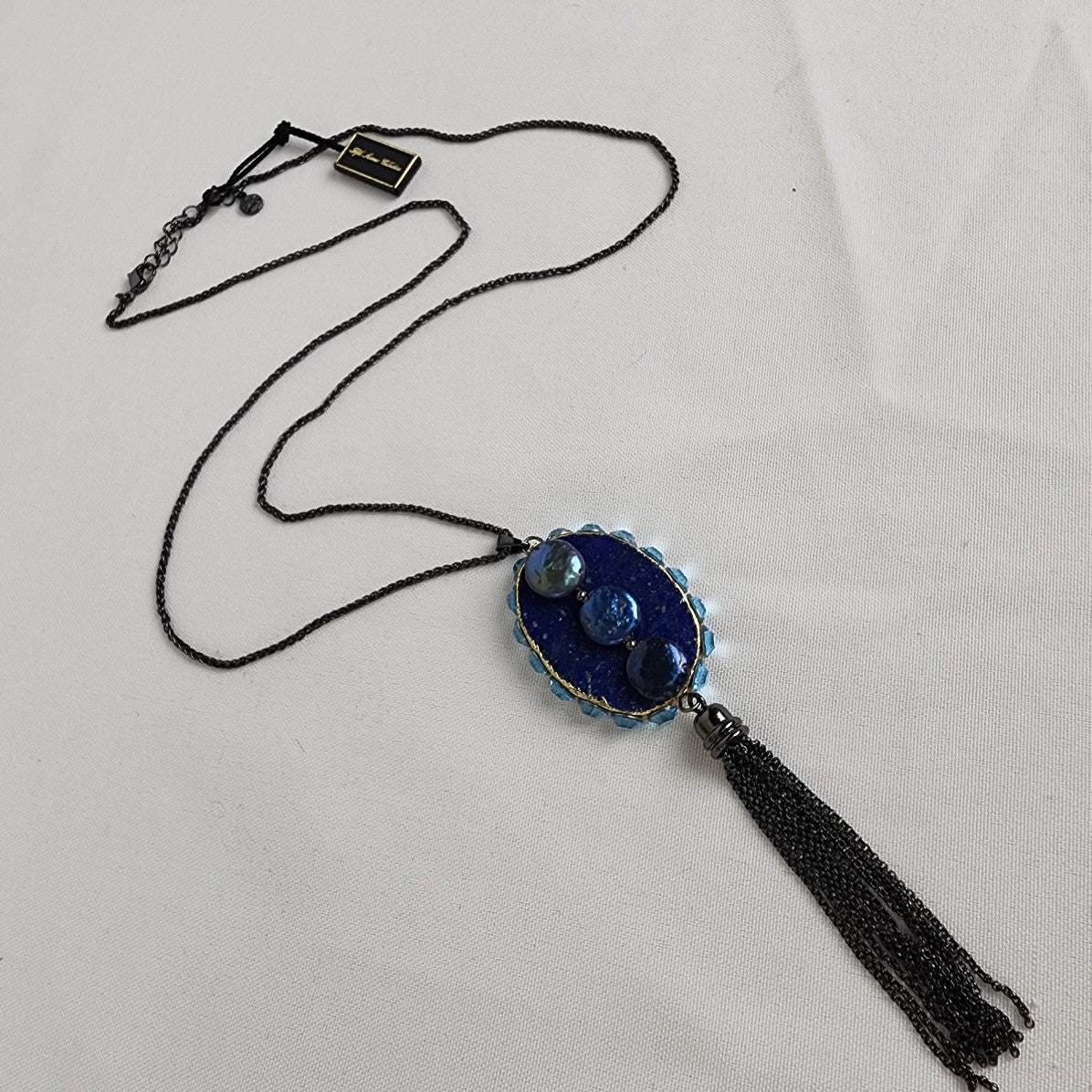 Fifth Avenue Collection Blue Geode Pendant Tassel Necklace
