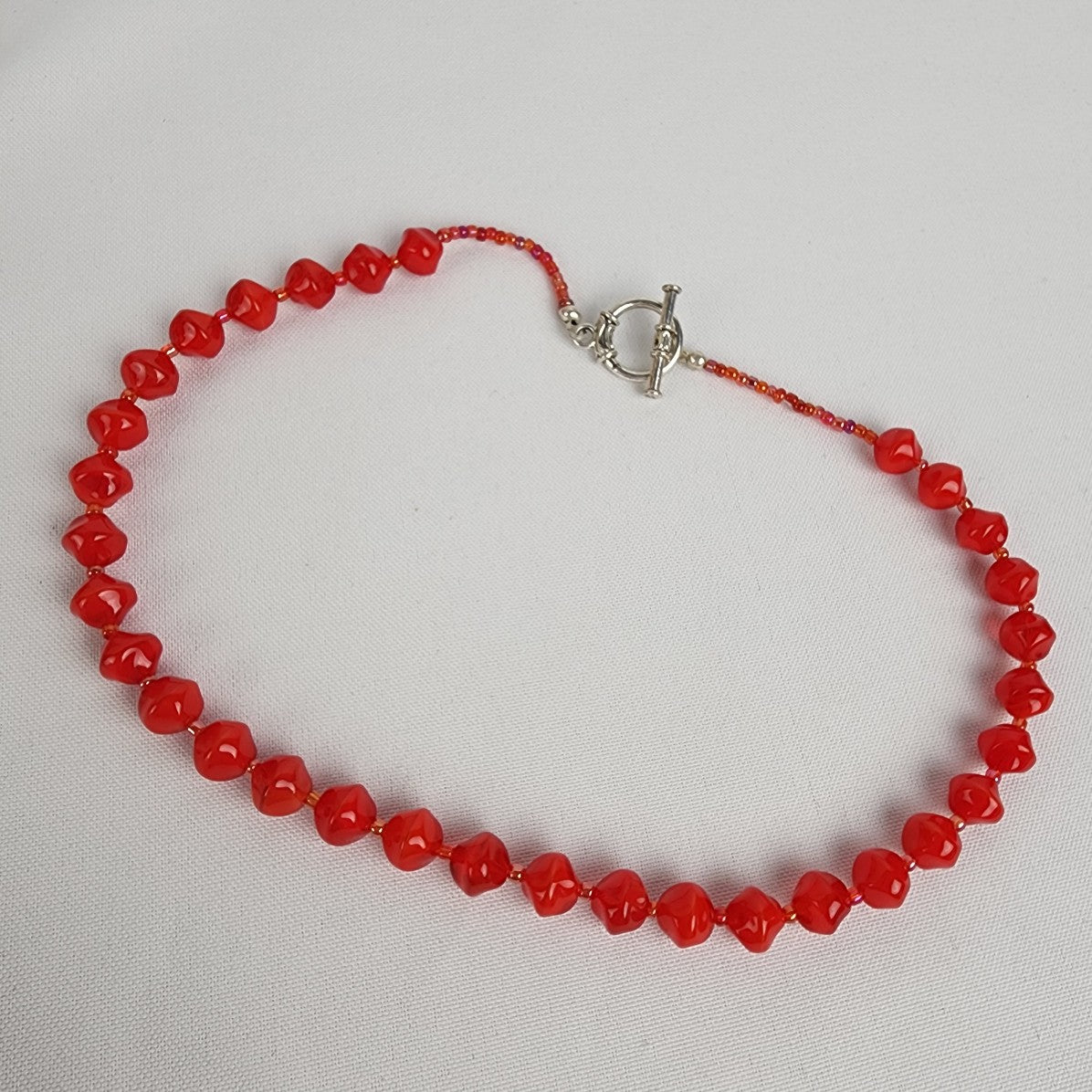 Red Glass Beaded Silver Toggle Collar Necklace