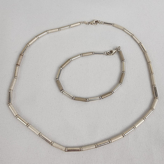 925 Sterling Silver Bamboo Design Choker Necklace & Bracelet Set