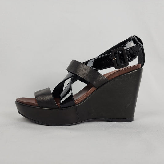 Audley Black Leather Strappy Platform Heeled Sandals Size 9