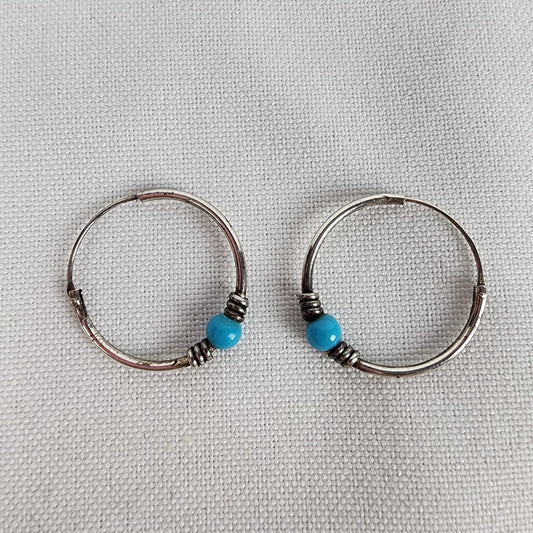 925 Sterling Silver Blue Bead Hoop Earrings