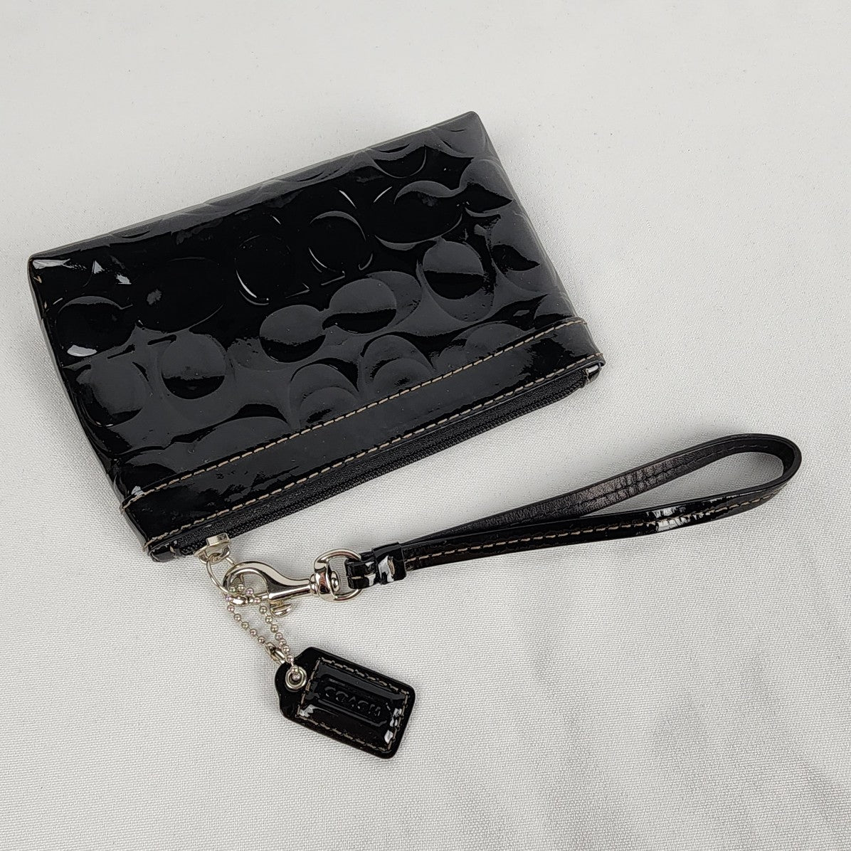 Coach Black Patent Leather Monogram Mini Wristlet Change Purse