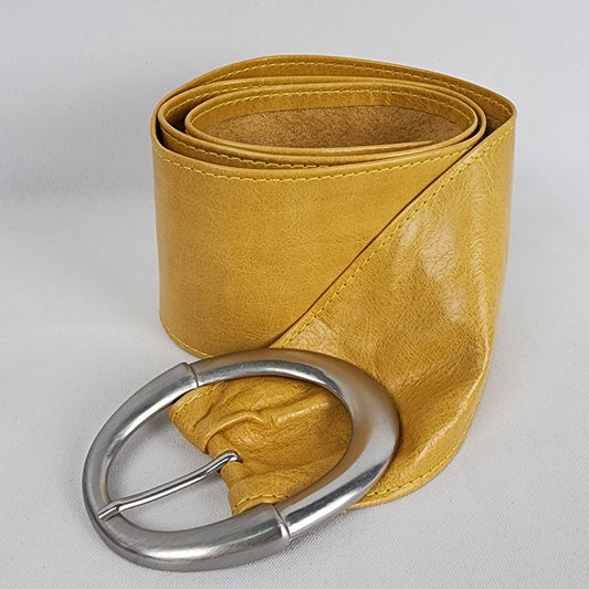 Yellow Leather Silver Buckle Wide Belt Size S/M