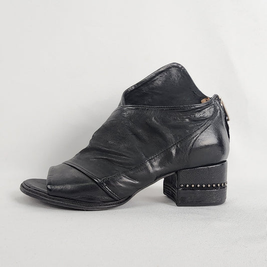 AS98 Black Leather Peep Toe Block Heel Shoes Size 8