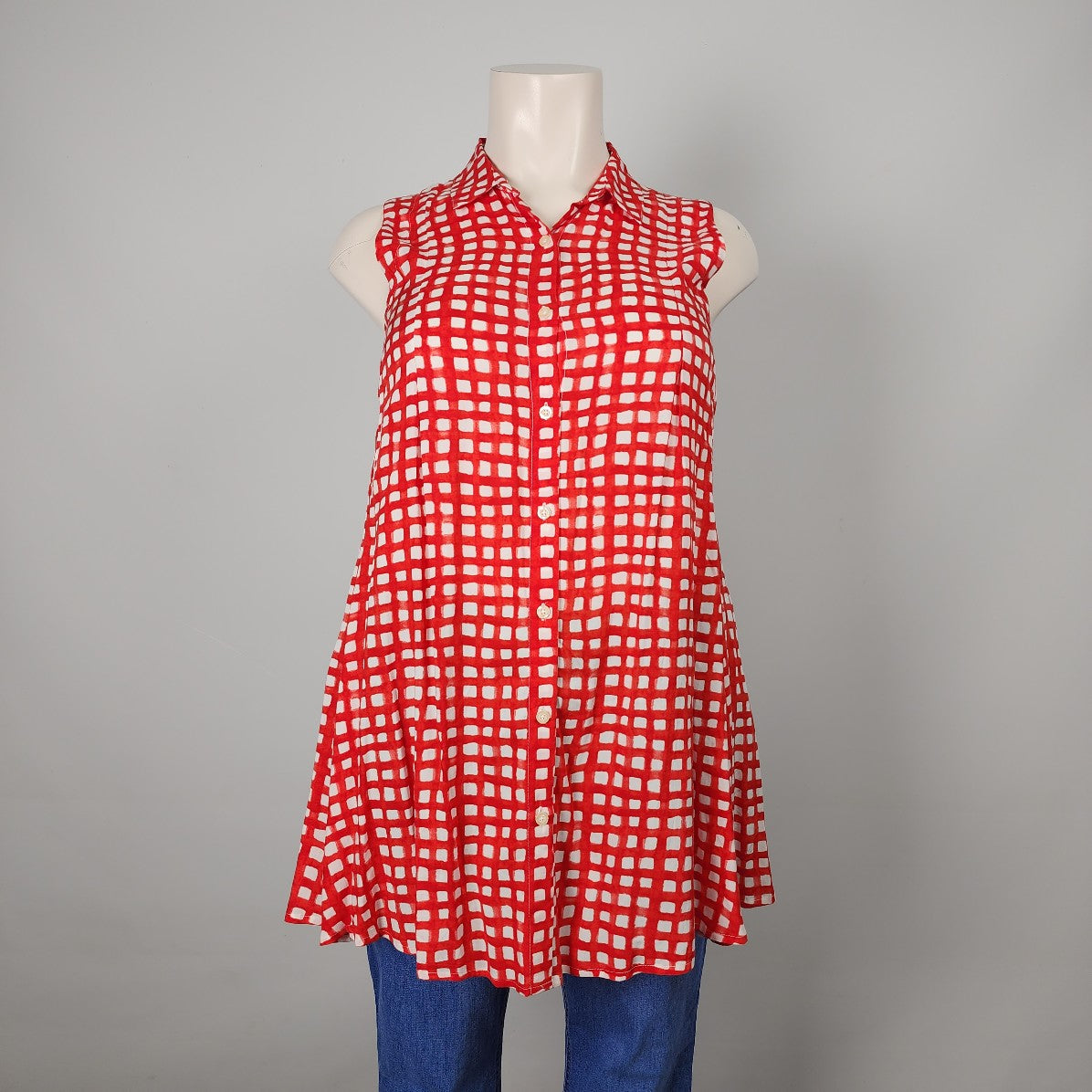 11-1-TYLHO Red Check Sleeveless Tunic Top Size XL