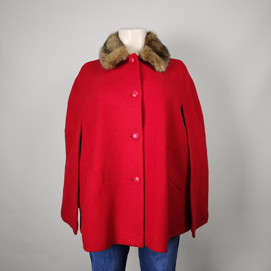 Talbots Red Wool Faux Fur Trim Cape Jacket Size 3X