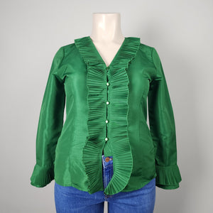 Oscar De La Renta Green Ruffle Button Front Blouse Size 14