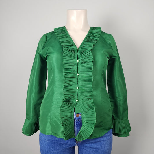 Oscar De La Renta Green Ruffle Button Front Blouse Size 14