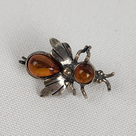 Vintage Sterling Silver Amber Honey Bee Mini Brooch