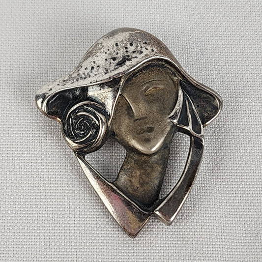 Vintage Art Deco Sterling Silver Lady In Hat Brooch