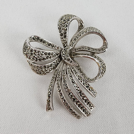 Vintage Marcasite Ribbon Bow Studded Brooch