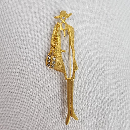 Vintage Gold Tone Lady With Purse Brooch