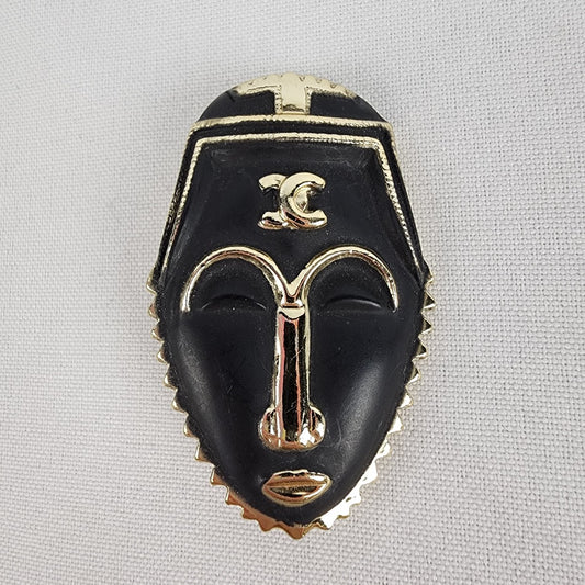 Vintage Black & Gold Tribal Mask Brooch