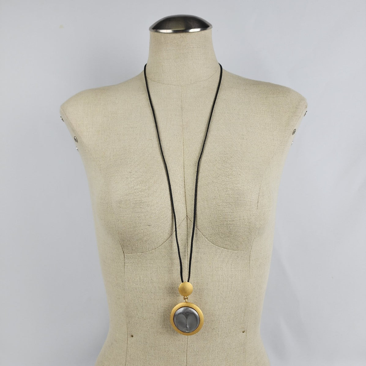 Vintage Gold Tone Modernist Mask Pendant Leather Cord Necklace