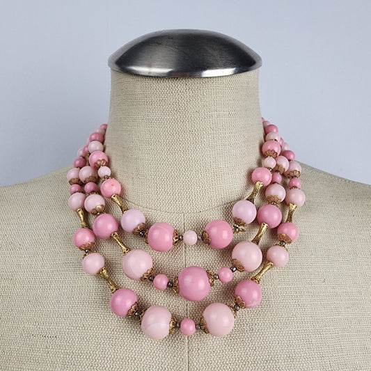 Vintage Pink & Gold Beaded Layered Necklace