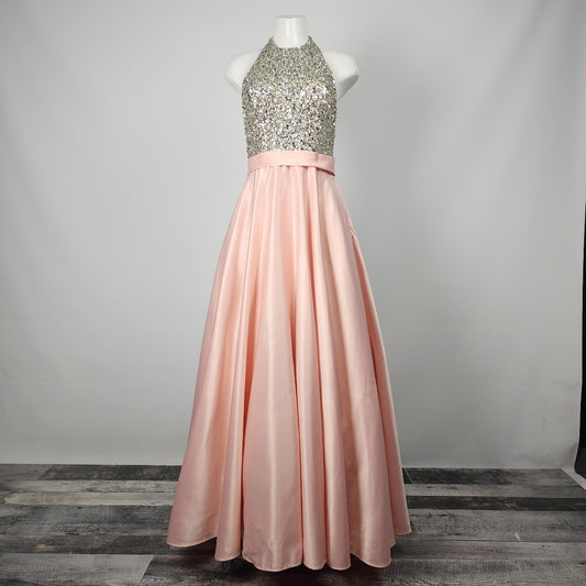 Aspeed Pink Satin Crystal Beaded Halter Neck Grad Prom Gown Size 6/8