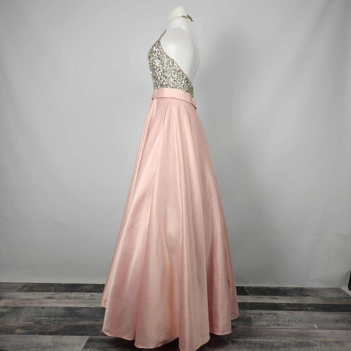 Aspeed Pink Satin Crystal Beaded Halter Neck Grad Prom Gown Size 6/8