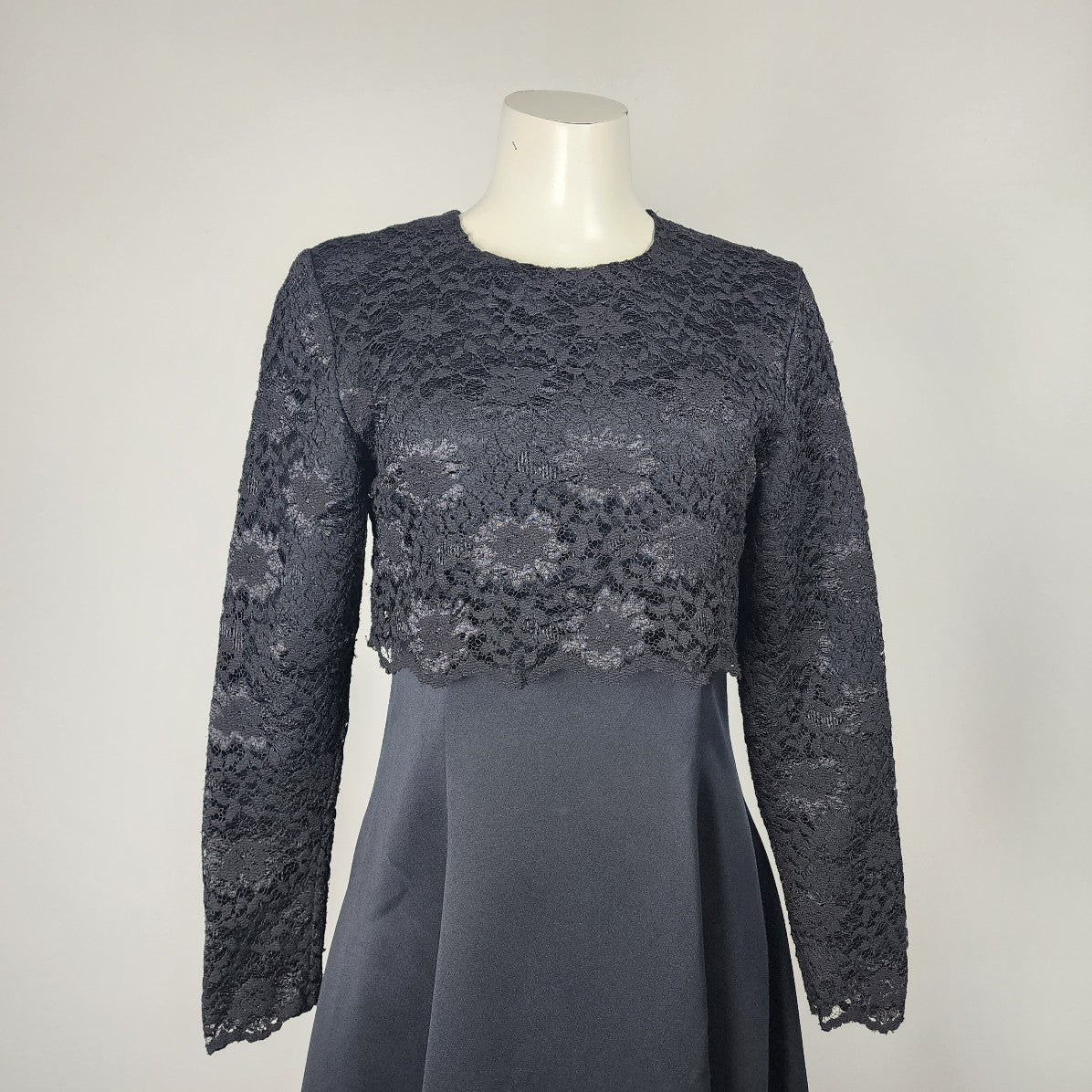 Vintage Black Satin Lace Overlay Long Sleeve Gown Size S