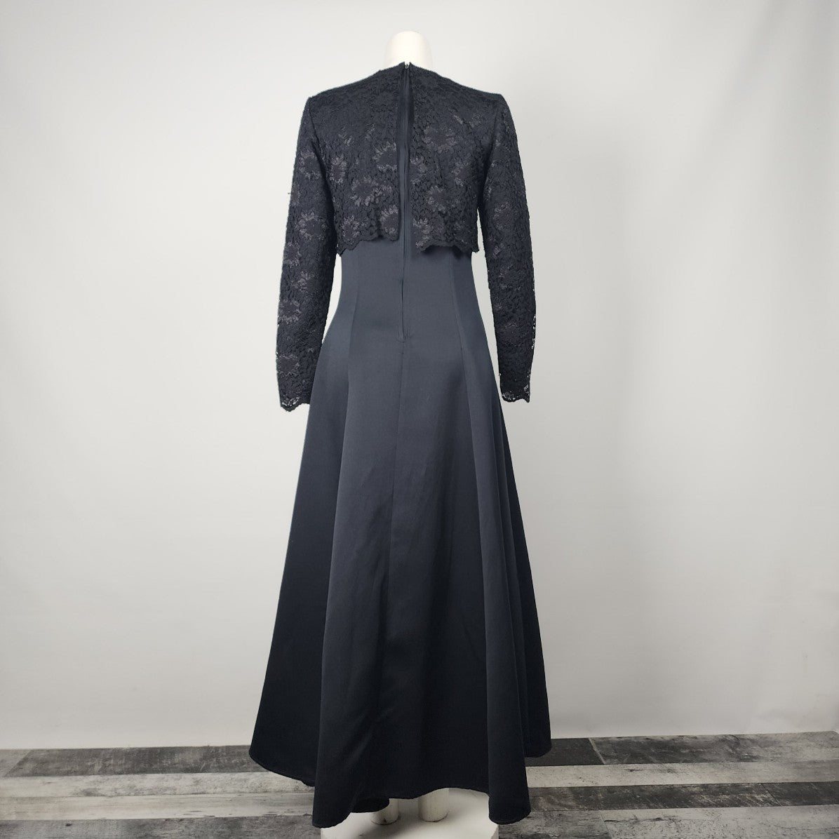 Vintage Black Satin Lace Overlay Long Sleeve Gown Size S