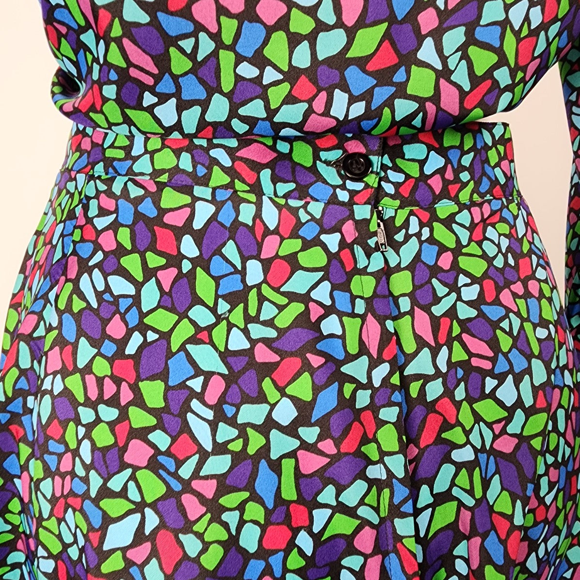 Vintage Giorgio Fellini Stained Glass Print Skirt & Blouse Set Size S/M