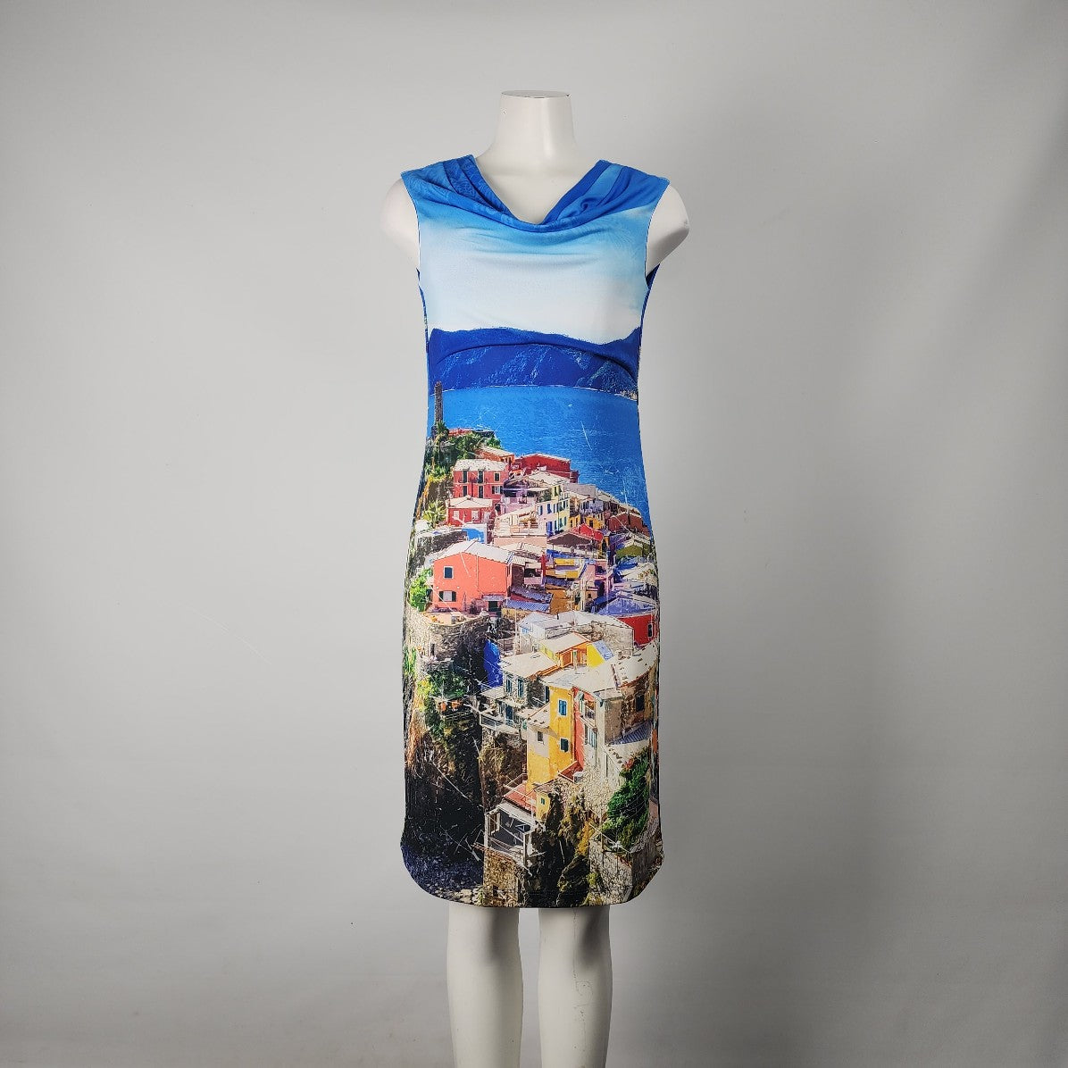 Art By Dolcezza Blue Tropical Town Scene Sheath Dress Size M