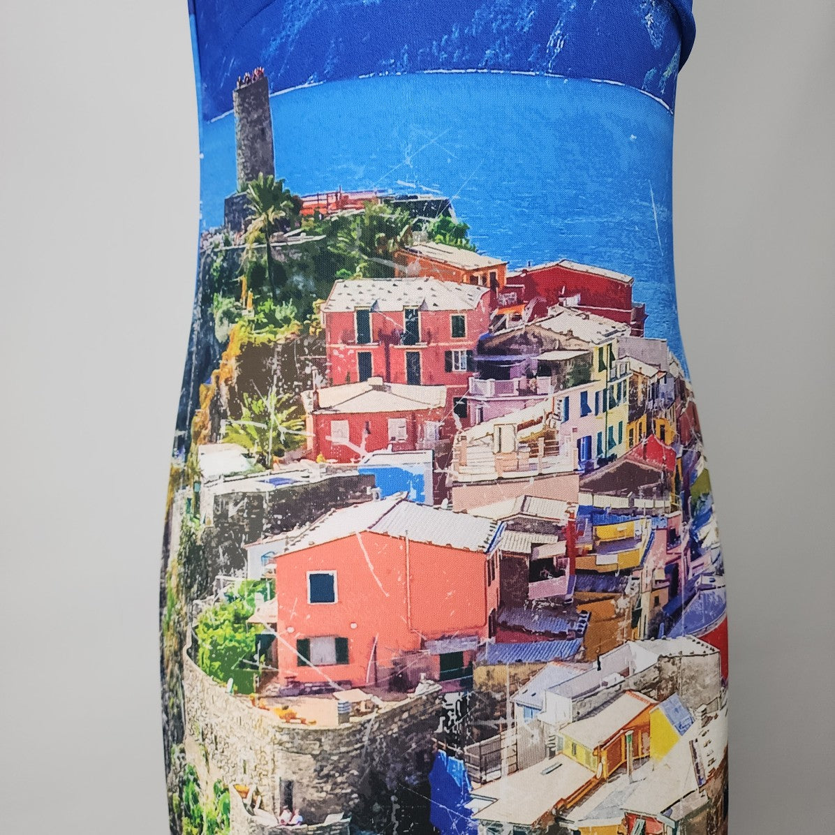 Art By Dolcezza Blue Tropical Town Scene Sheath Dress Size M