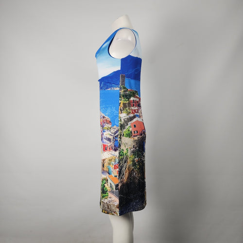 Art By Dolcezza Blue Tropical Town Scene Sheath Dress Size M