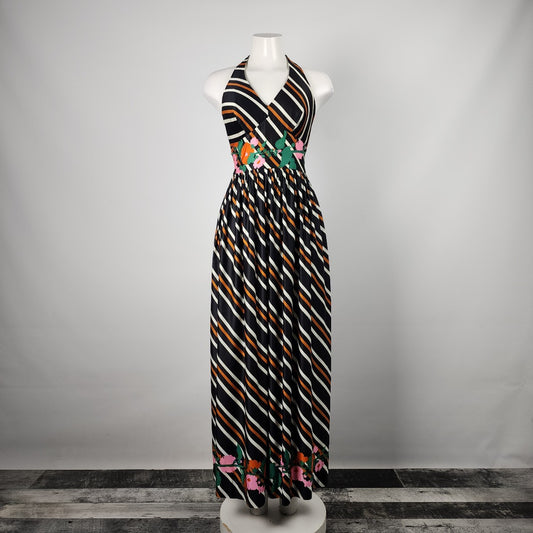 Vintage Cole Of California Striped Floral Halter Maxi Dress Size XS/S