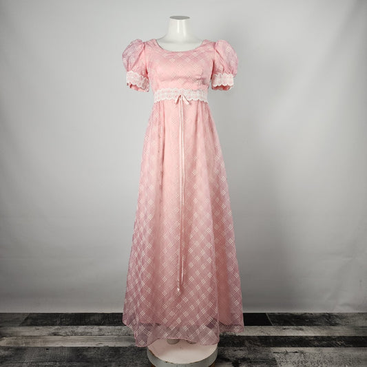 Vintage Nu Mode Pink Empire Waist Check Print Maxi Dress Size S